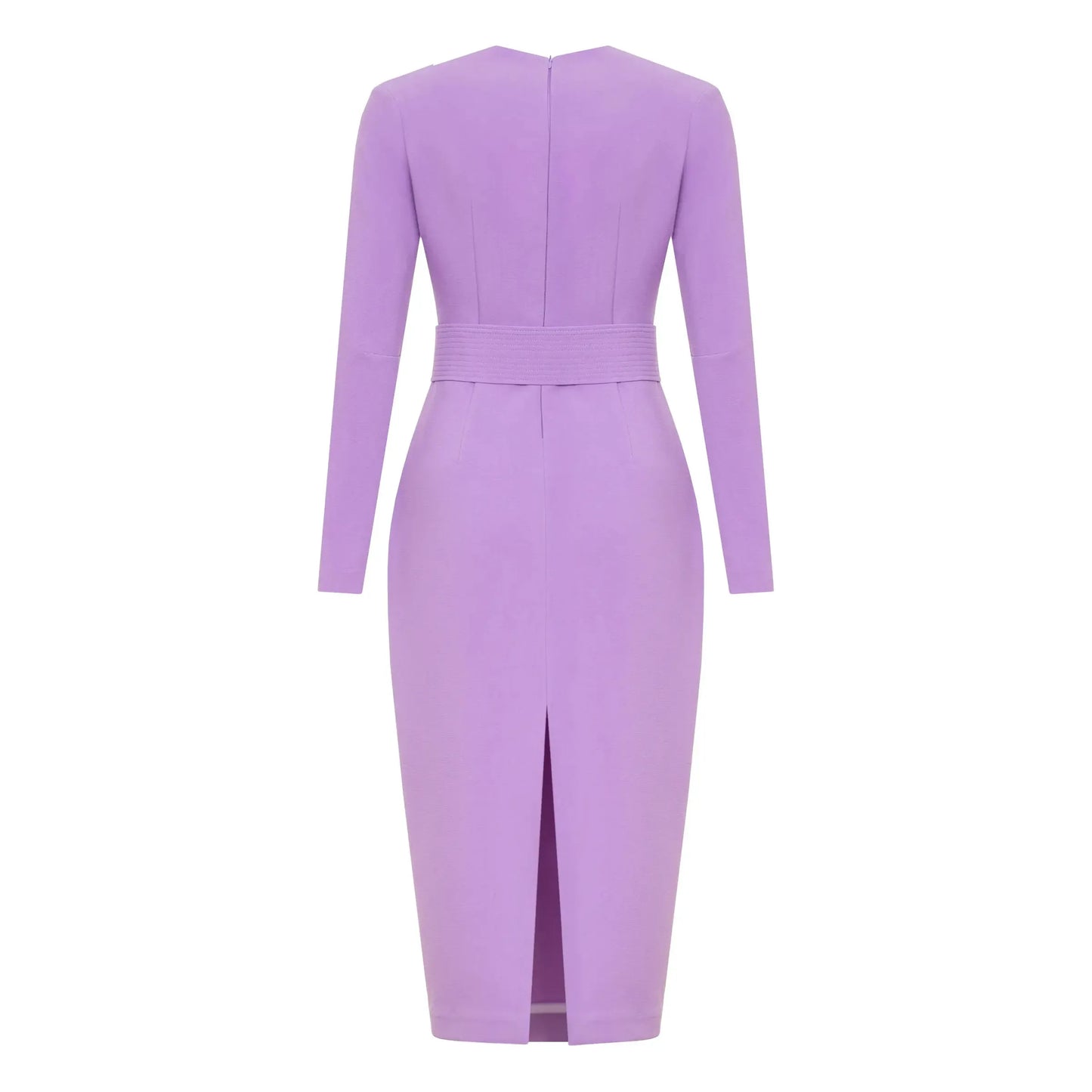 Lilac color dress with shaped neckline and belt