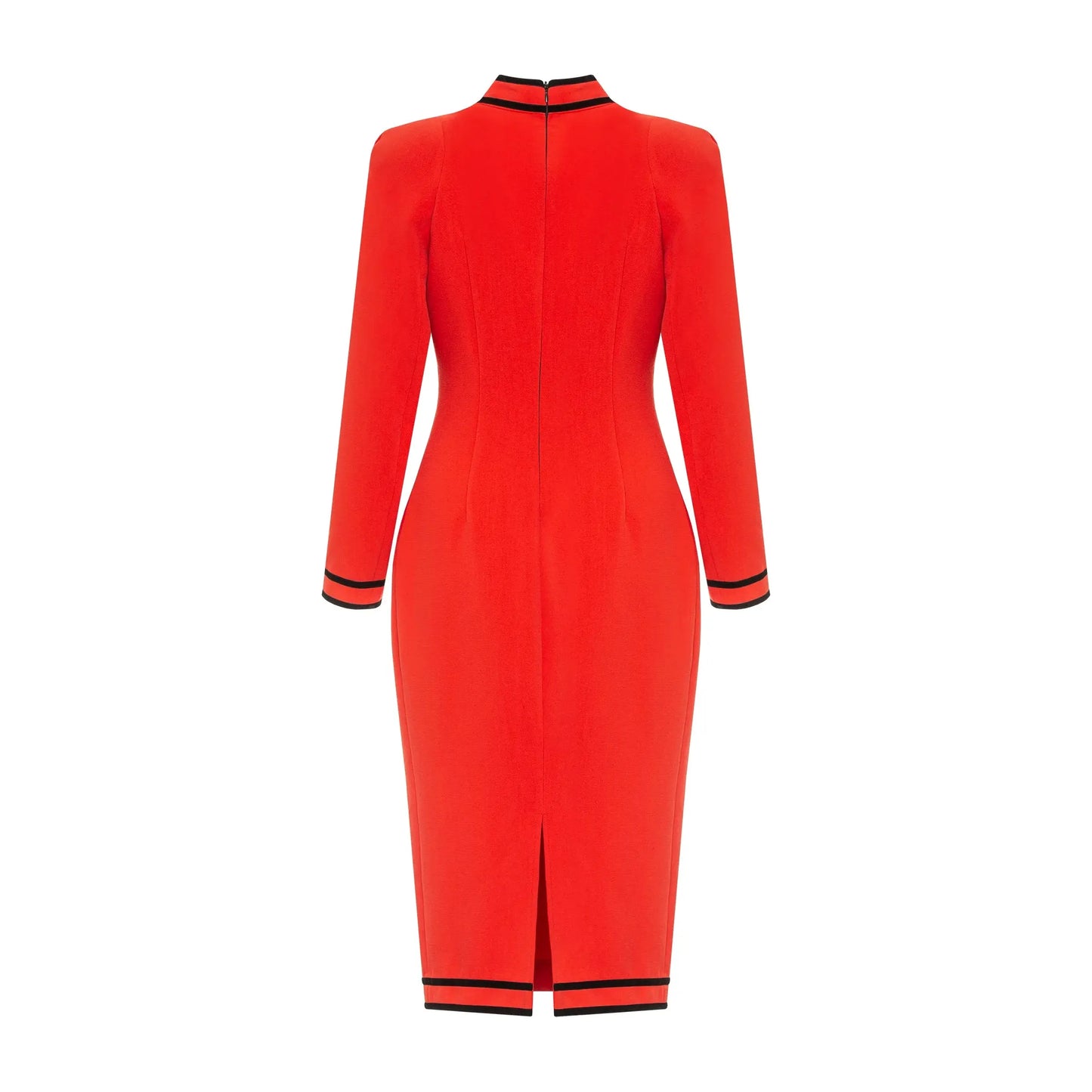Terracotta pencil dress with contrasting black velvet trim