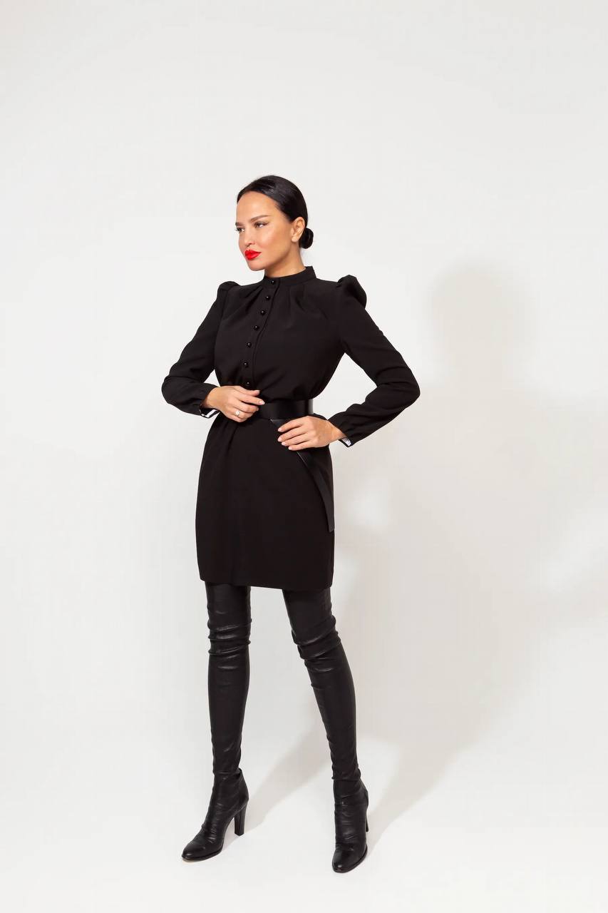 Office wear black dress with detachable white collar and cuffs