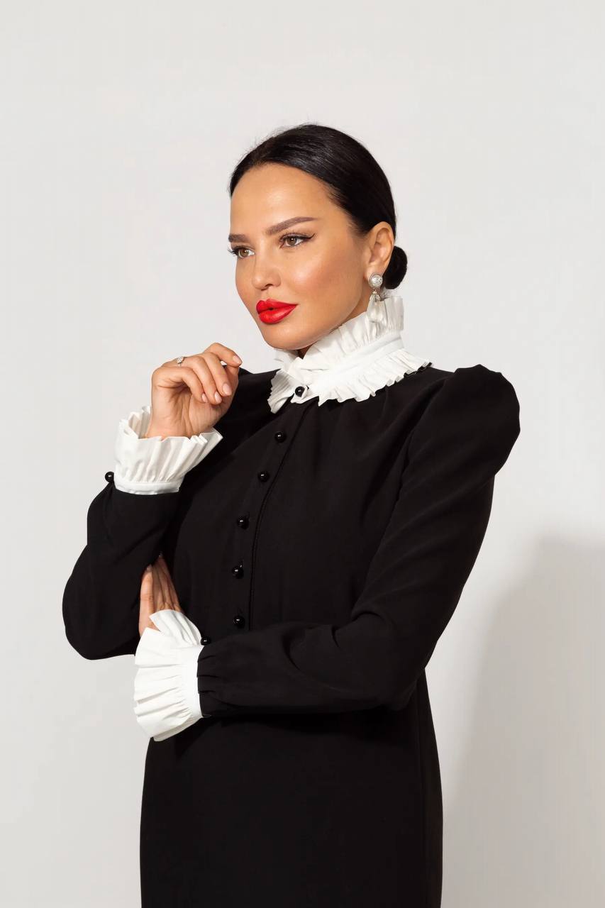 Office wear black dress with detachable white collar and cuffs