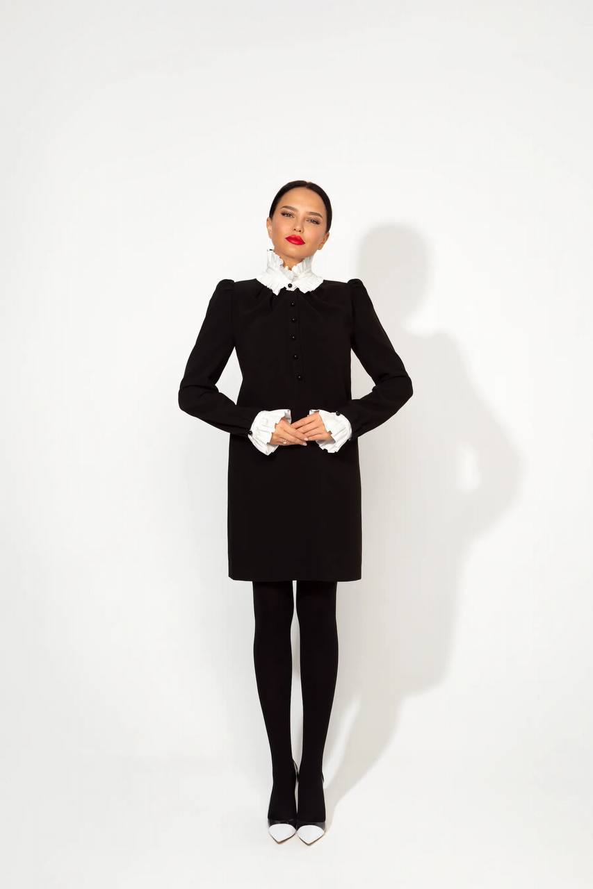 Office wear black dress with detachable white collar and cuffs