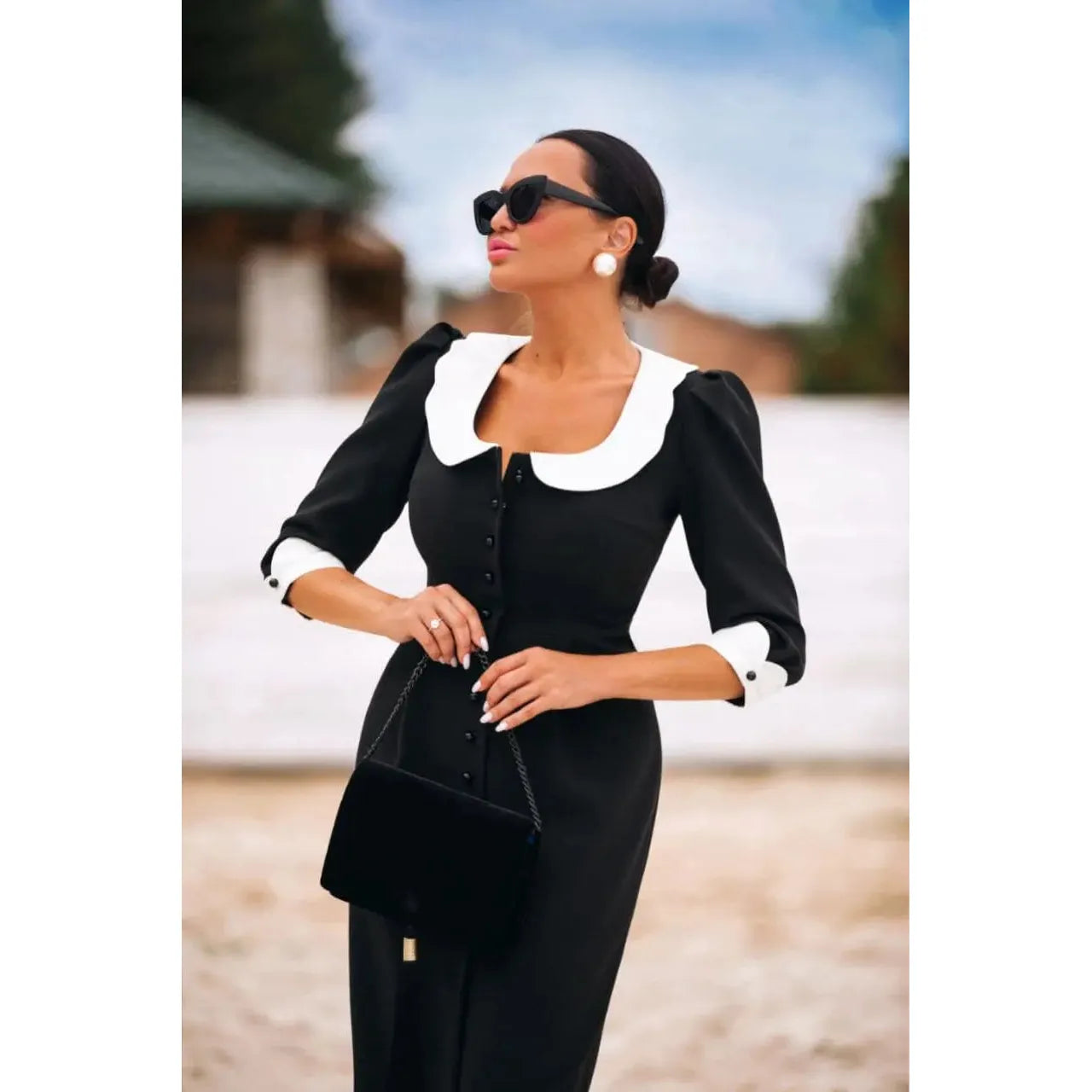 Black vintage style dress with white collar
