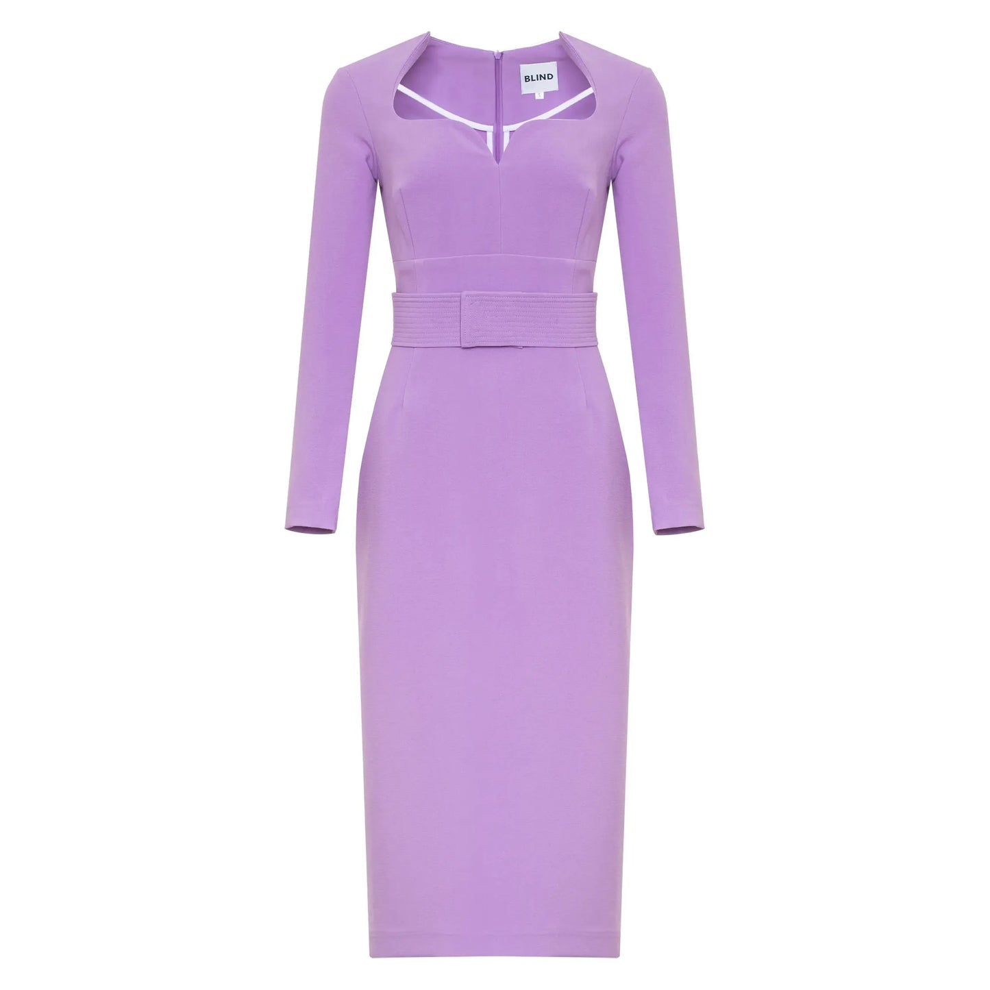 Lilac color dress with shaped neckline and belt