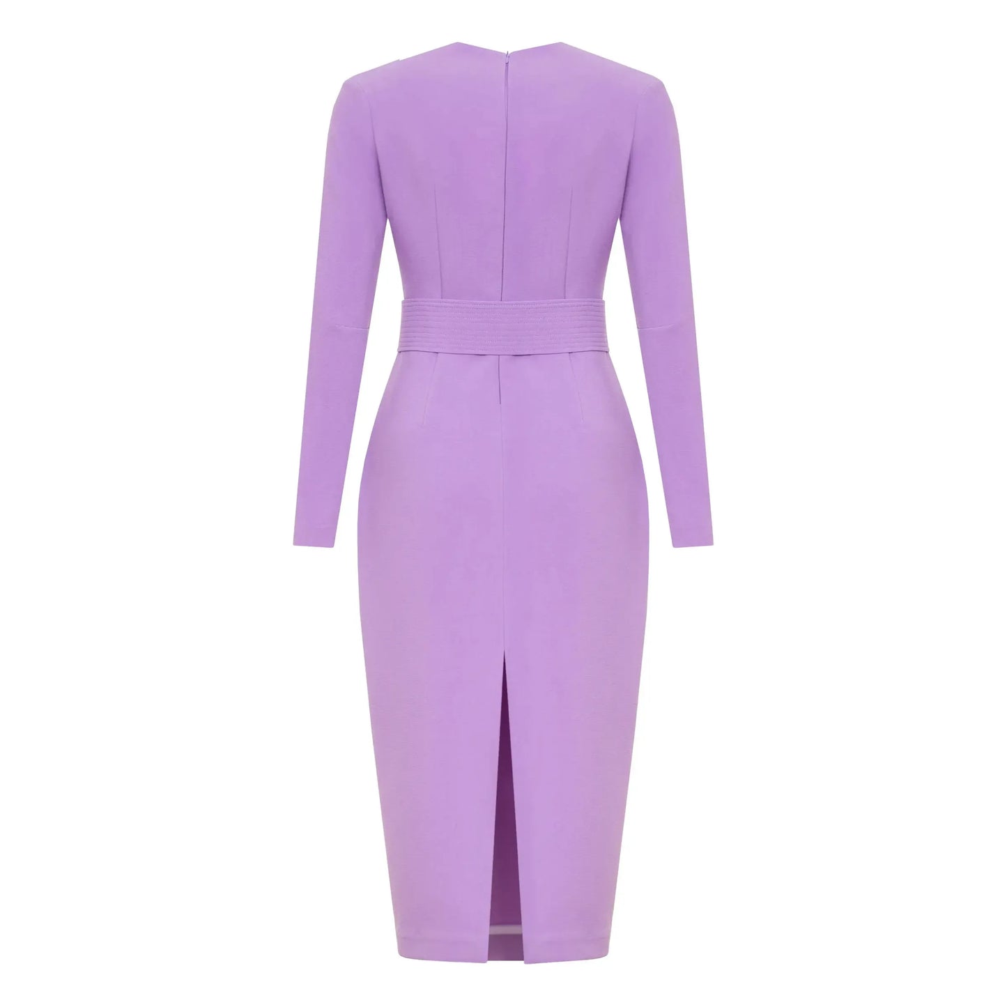 Lilac color dress with shaped neckline and belt