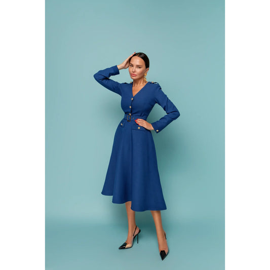 Blue fit and flare dress with shoulder straps and metal buttons