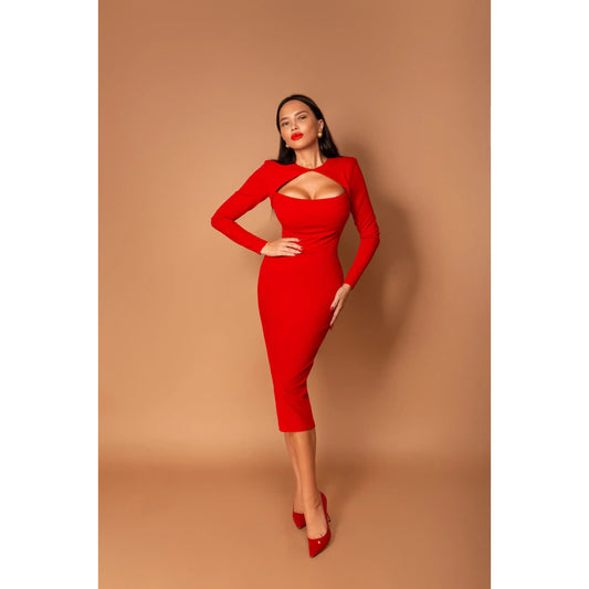 Slim sulhouette red midi cocktail dress with a shaped neckline