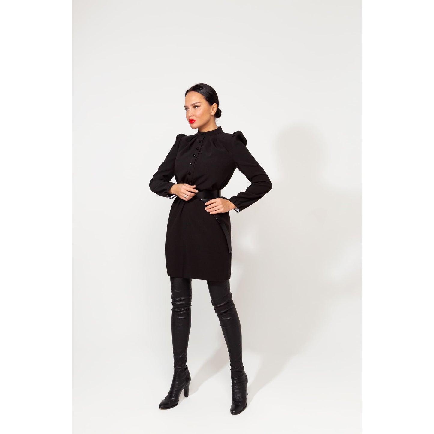 Office wear black dress with detachable white collar and cuffs